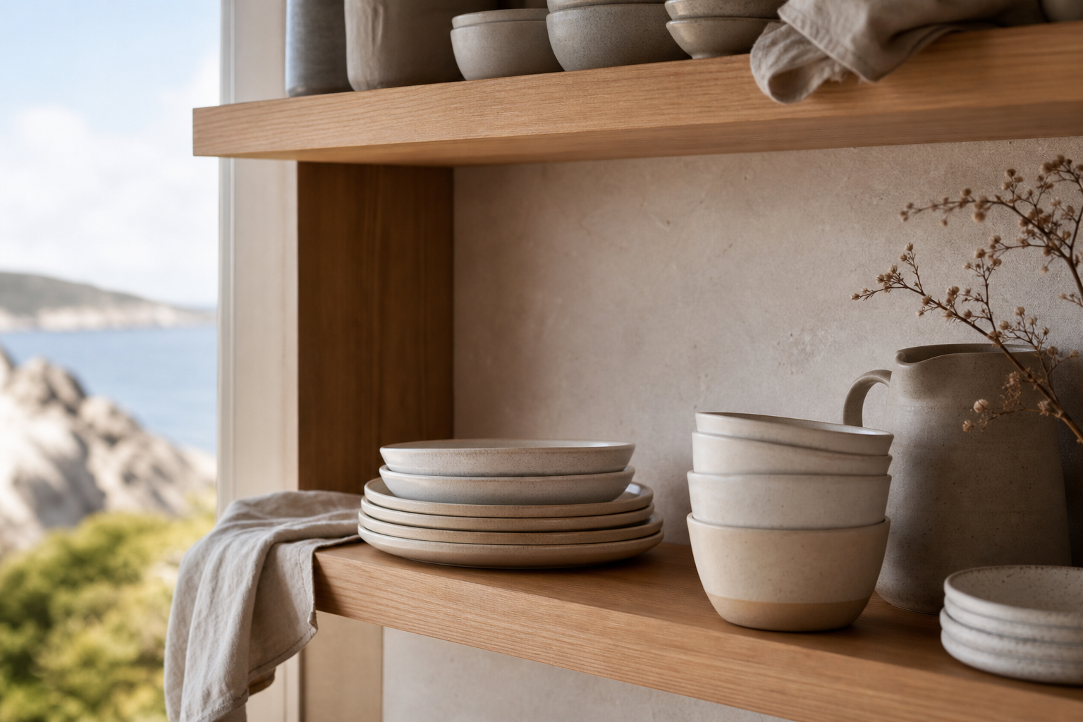 Stoneware styled on a kitchen shelf