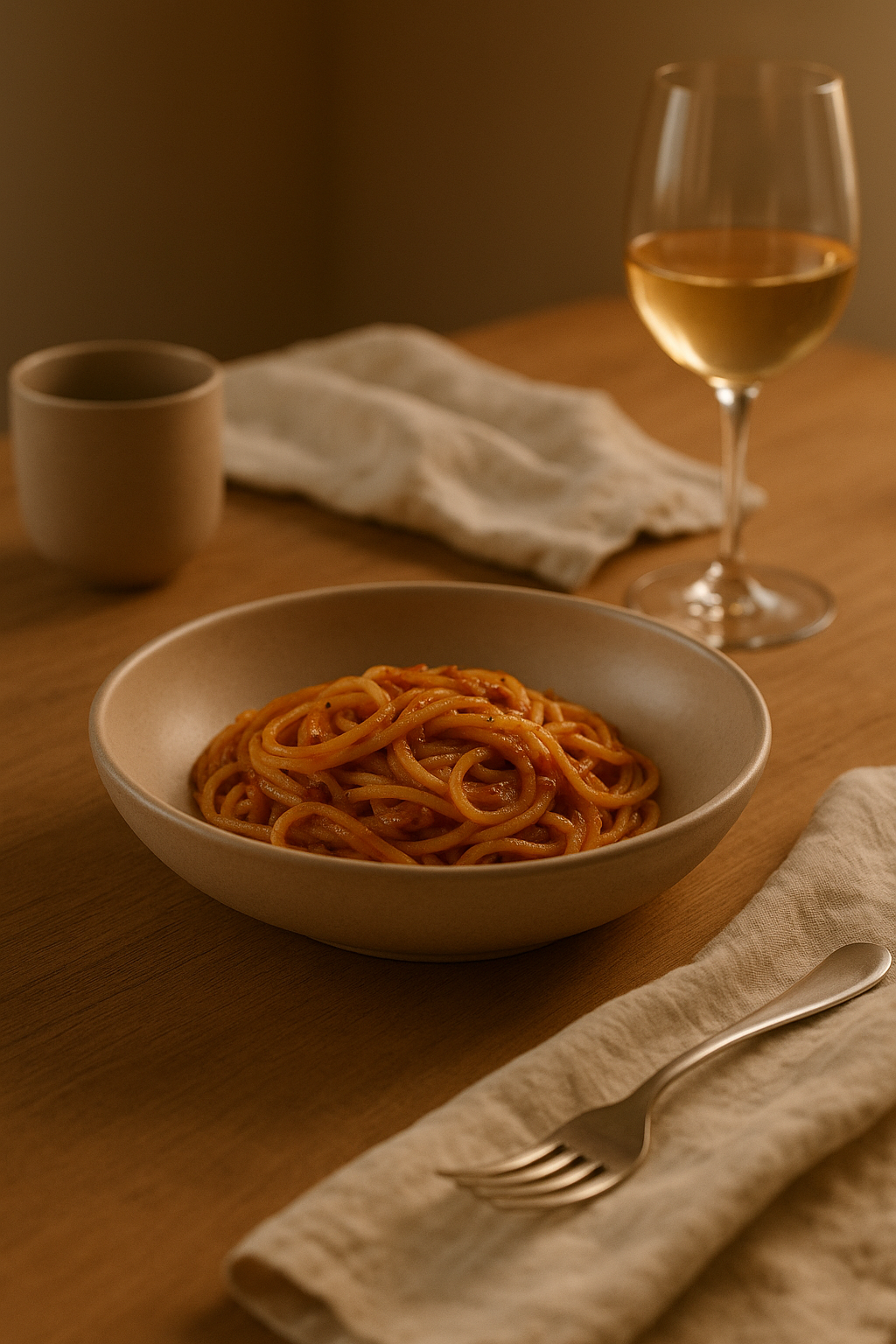 Pasta bowl · Soft clay — hosting scene